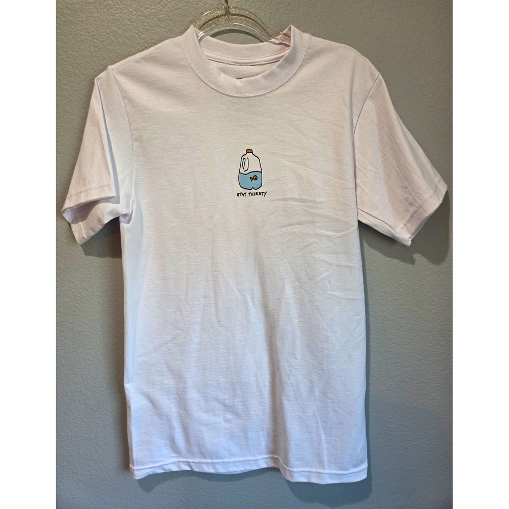 DLAB Men's White Stay Thirsty Fish Graphic T-Shirt S Short Sleeve Cotton Knit